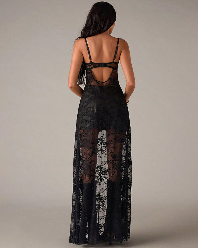 Strapless Heart Rhinestone Sheer Maxi Dress ¡§C Corset Style Mesh Long Lingerie Gown