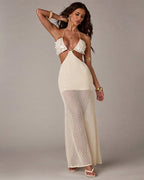 Sequin Crochet Halter Maxi Dress - Cutout Sheer Open Knit Boho Beach Cover Up