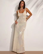 Sequin Crochet Spaghetti Strap Maxi Dress - Sheer Knit Beach Cover Up