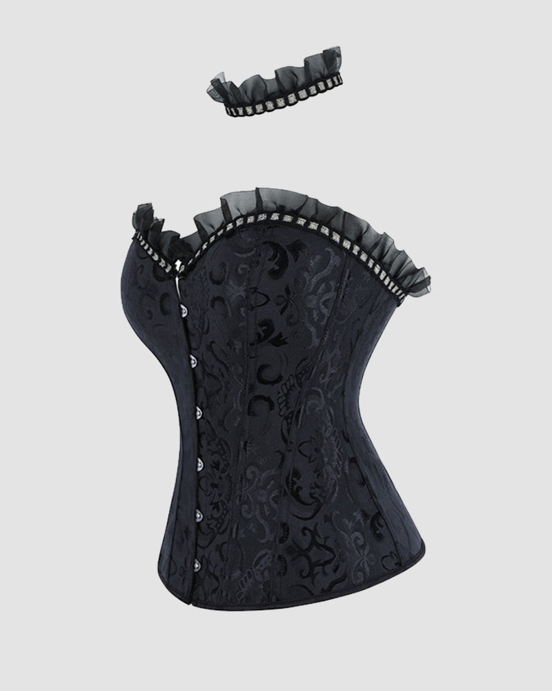 Lace-Up Corset Top with Choker - Gothic Victorian Ruffled Strapless Bustier