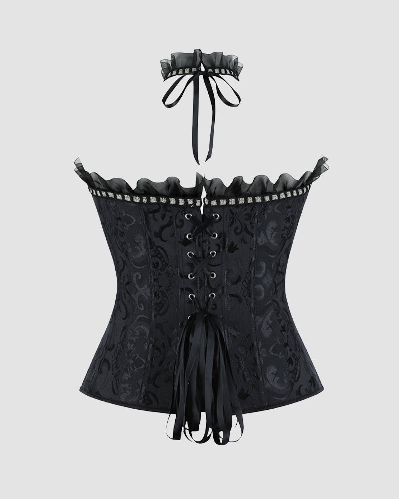 Lace-Up Corset Top with Choker - Gothic Victorian Ruffled Strapless Bustier