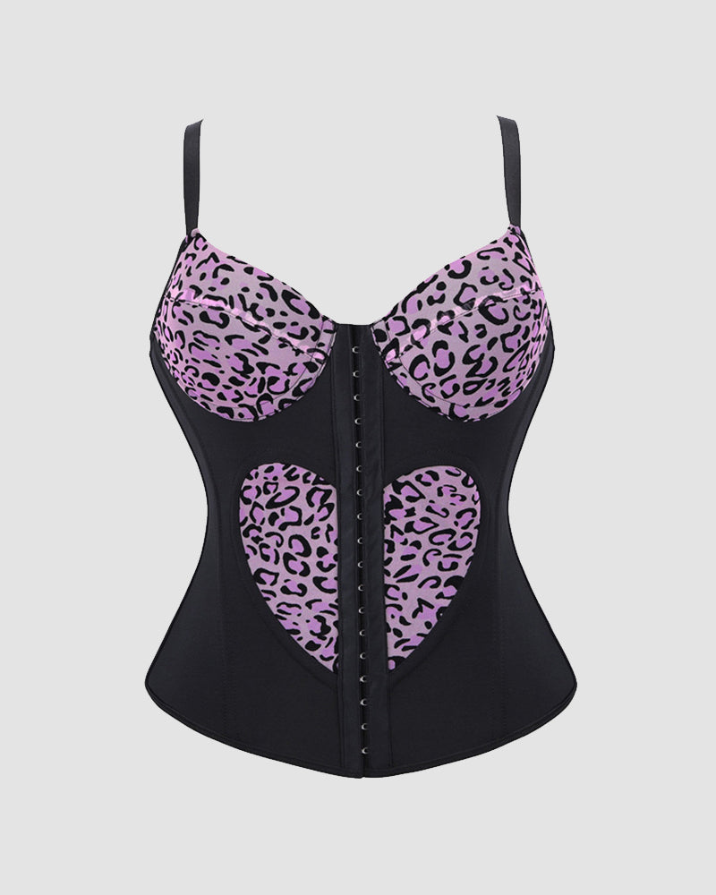 Leopard Print Heart Cutout Corset Top - Spaghetti Strap Bustier Lingerie