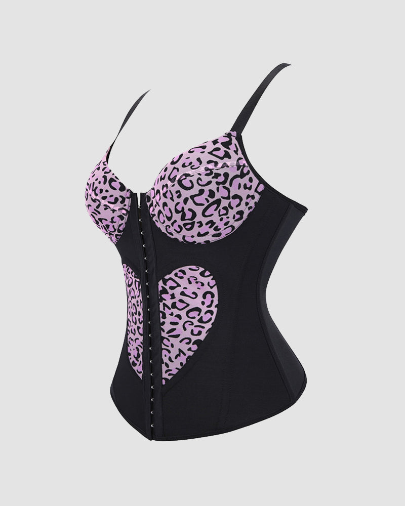 Leopard Print Heart Cutout Corset Top - Spaghetti Strap Bustier Lingerie