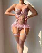 Floral Lace Corset Top & Garter Set with Stockings