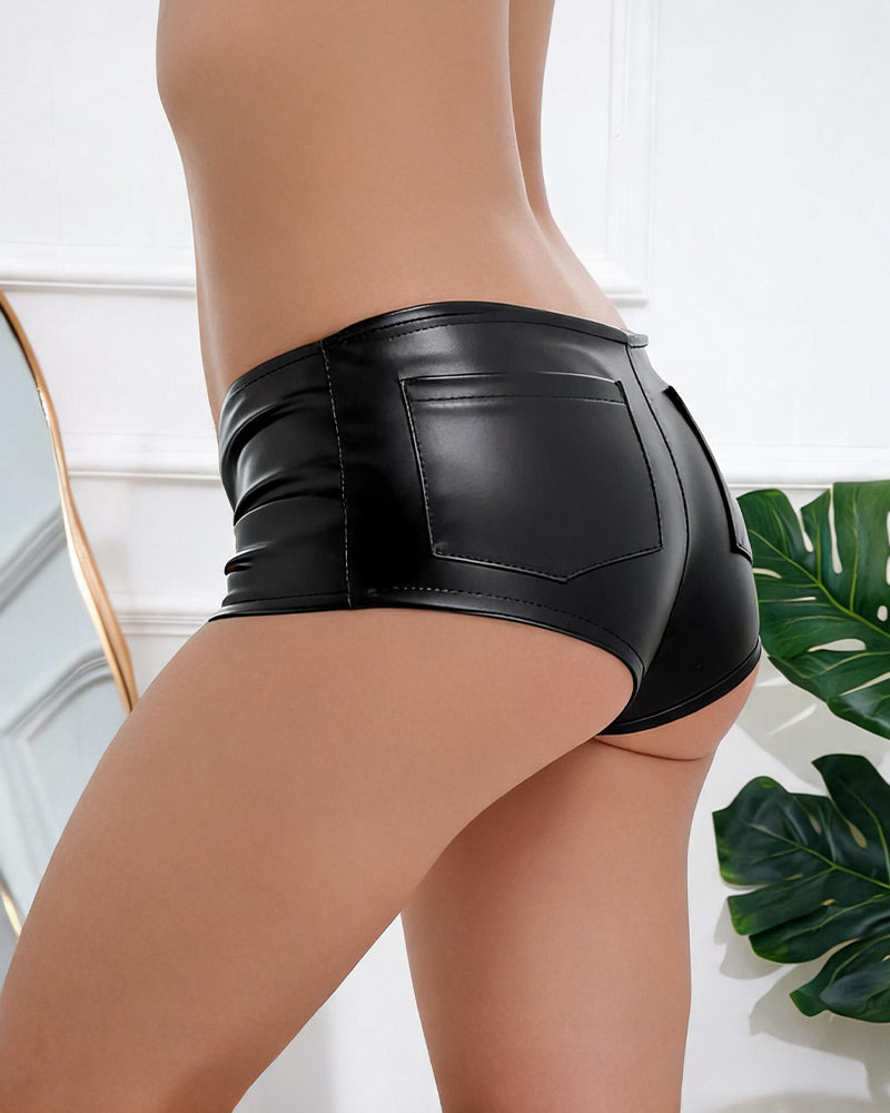 High Waisted Faux Leather Zipper Mini Shorts