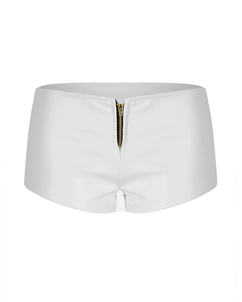 High Waisted Faux Leather Zipper Mini Shorts