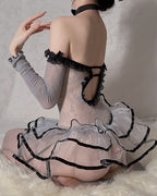 Sheer Mesh Ruffled Tutu Babydoll Lingerie Set - Gothic Lolita French Maid Costume