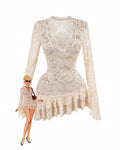 Cream Floral Lace Long Sleeve Ruffled Mini Dress