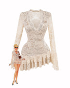 Cream Floral Lace Long Sleeve Ruffled Mini Dress