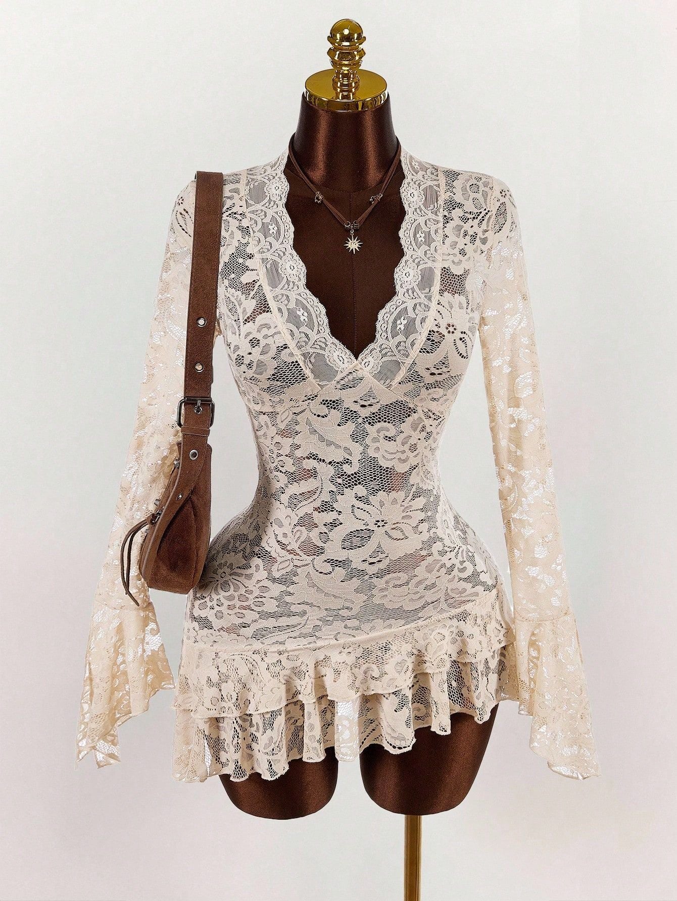 Cream Floral Lace Long Sleeve Ruffled Mini Dress