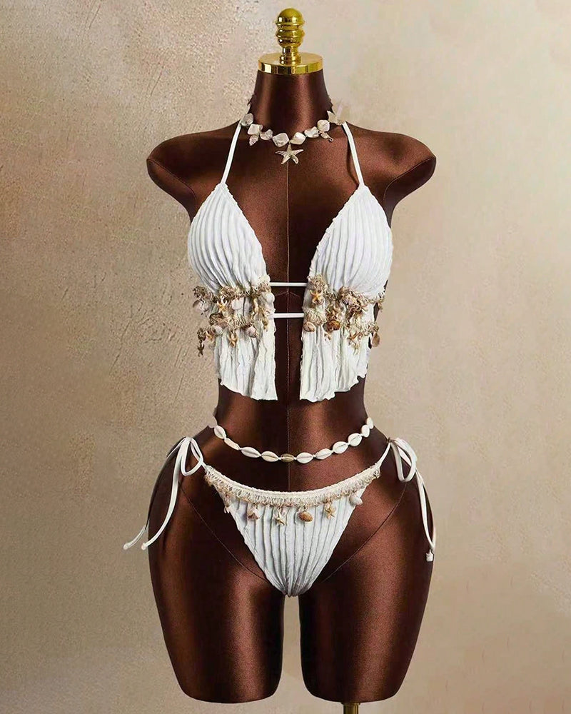 Pleated Shell Starfish Halter Bikini Set