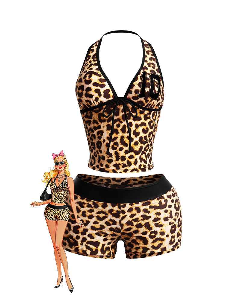 Leopard Print Halter Crop Top & High Waisted Shorts Set