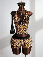 Leopard Print Halter Crop Top & High Waisted Shorts Set