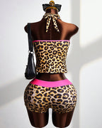 Leopard Print Halter Crop Top & High Waisted Shorts Set