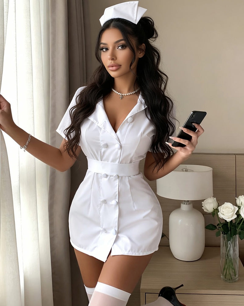 White Sexy Nurse Costume Dress with Hat, Belt & Thong