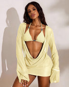 Sheer Long Sleeve Bikini Set with Draped Cover Up