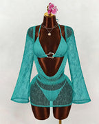 Sheer Crochet Bikini Set with Long Sleeve Cover Up