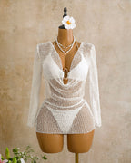 Sheer Crochet Bikini Set with Long Sleeve Cover Up