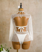 Sheer Crochet Bikini Set with Long Sleeve Cover Up