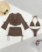 Bikini Set with Long Sleeve Cover Up & Ruched Skirt