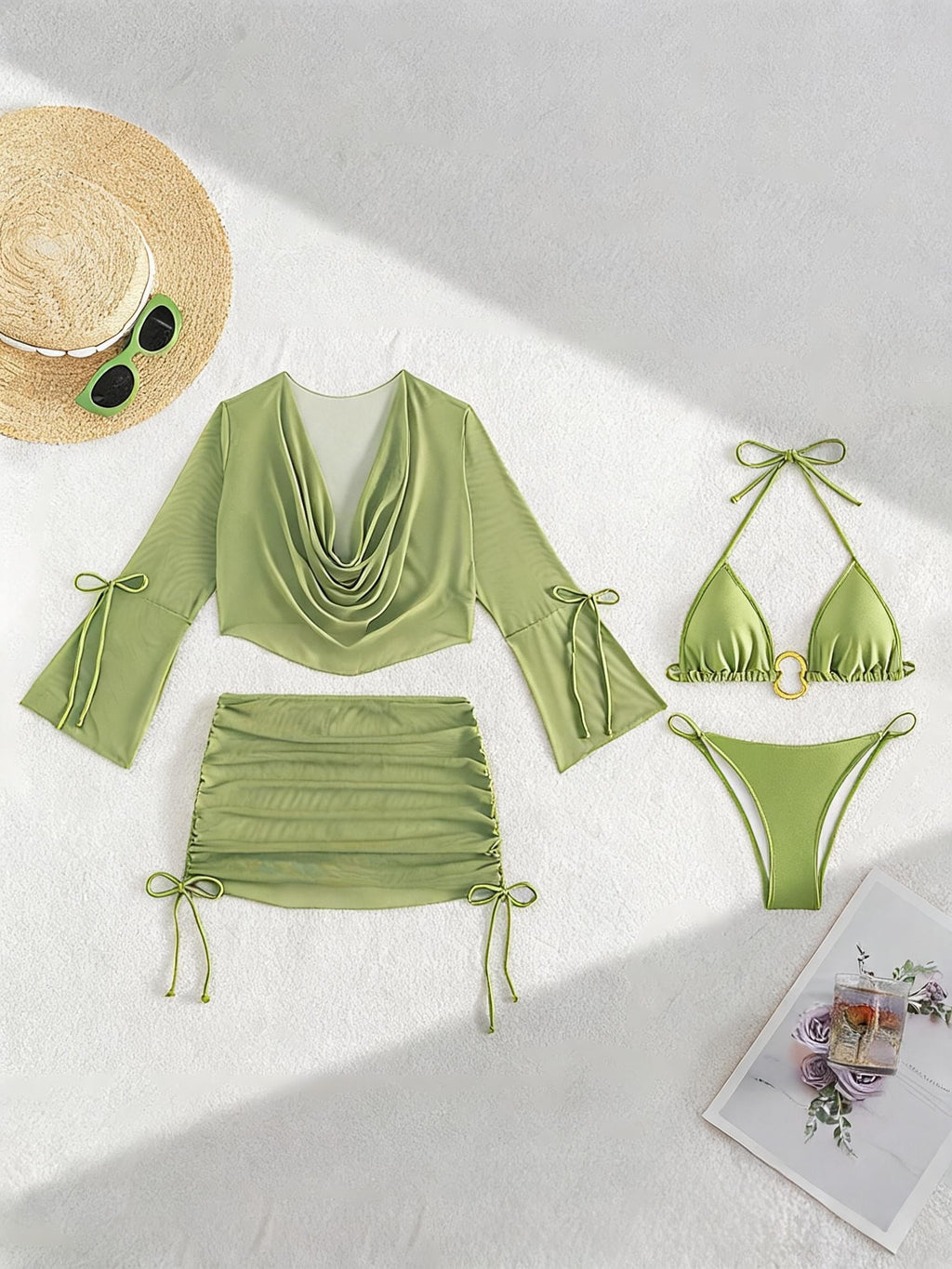 Bikini Set with Long Sleeve Cover Up & Ruched Skirt