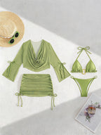 Bikini Set with Long Sleeve Cover Up & Ruched Skirt