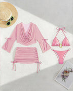 Bikini Set with Long Sleeve Cover Up & Ruched Skirt