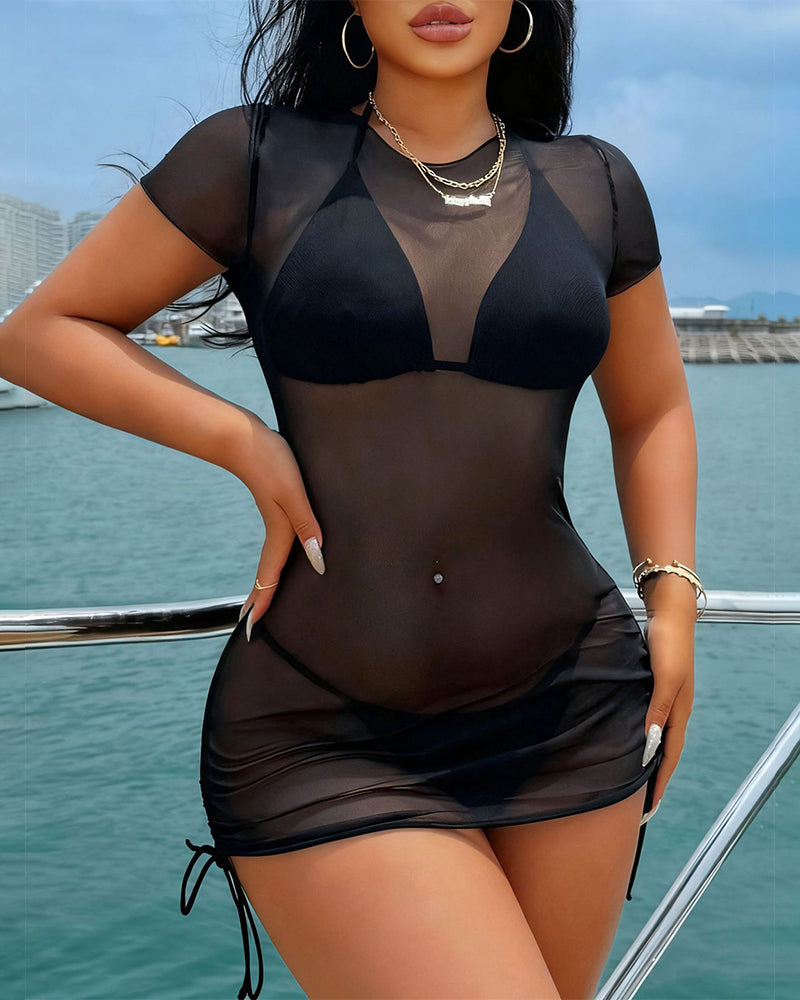 Black Sheer Mesh Cover Up Dress with Bikini Set