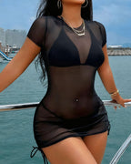 Black Sheer Mesh Cover Up Dress with Bikini Set