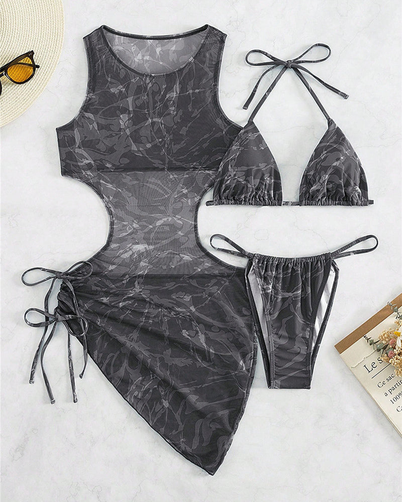 Camo Sheer Mesh Cover Up Dress with Bikini Set