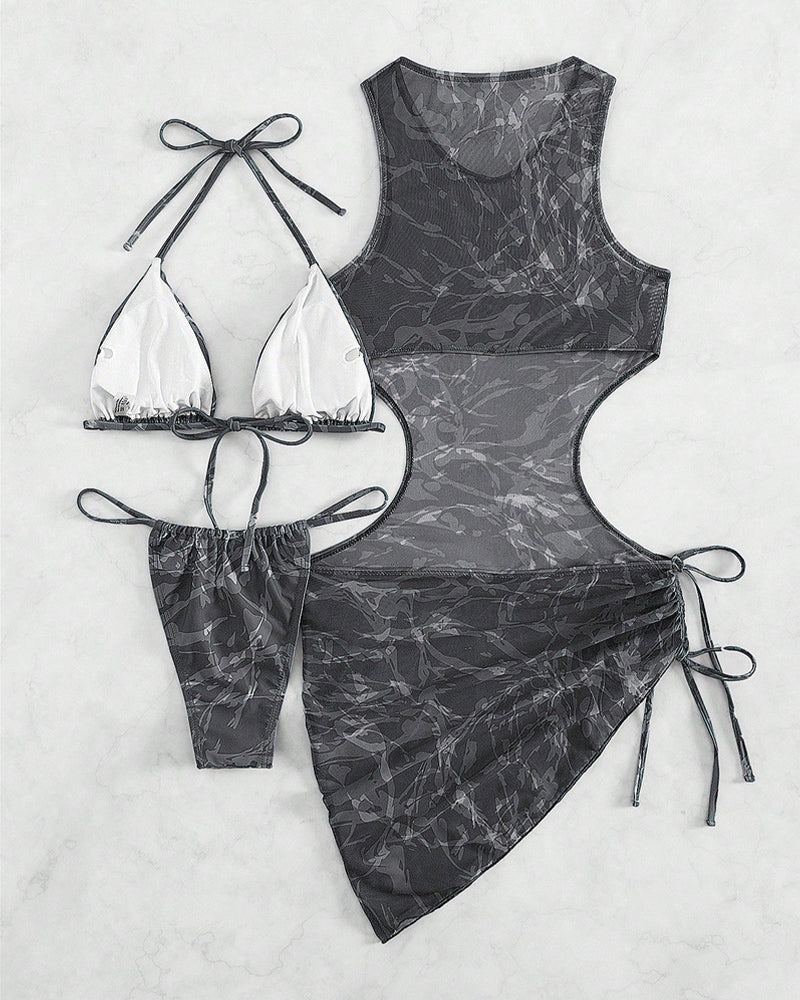 Camo Sheer Mesh Cover Up Dress with Bikini Set