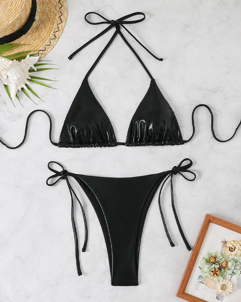 Bikini Set Shiny Metallic Triangle Halter Top & Side Tie Panty