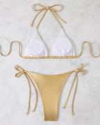 Bikini Set Shiny Metallic Triangle Halter Top & Side Tie Panty