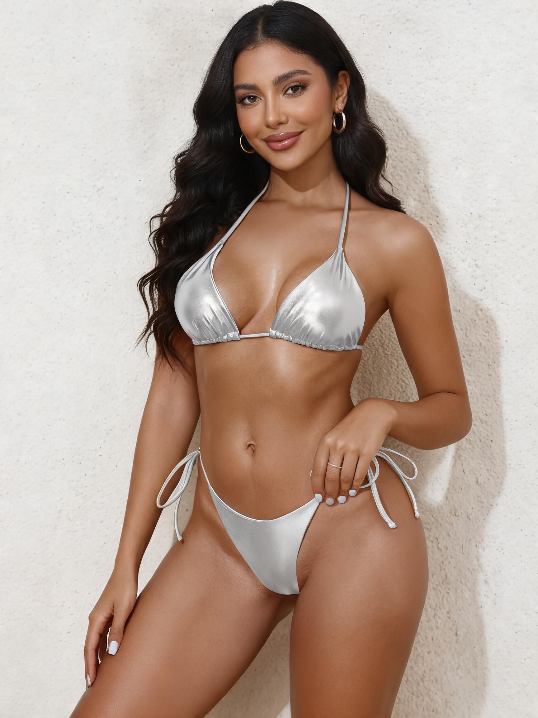 Bikini Set Shiny Metallic Triangle Halter Top & Side Tie Panty
