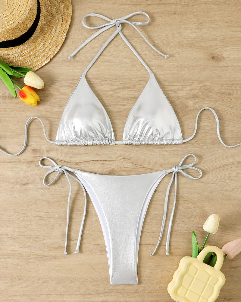 Bikini Set Shiny Metallic Triangle Halter Top & Side Tie Panty