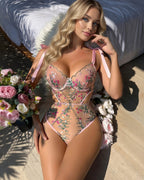 Floral Embroidered Sheer Bodysuit Plunge Underwire Teddy
