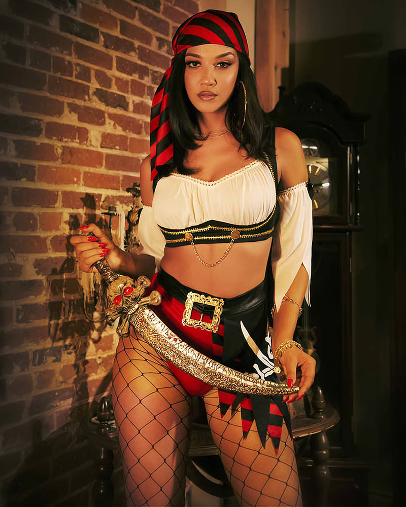Sexy Pirate Wench Costume Set with Top, Shorts, Headscarf, Belt, Pantyhose & Arm Sleeves