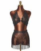 Rhinestone Fringe Lingerie Set - Sexy O-Ring Halter Crop Top & Tassel Mini Skirt