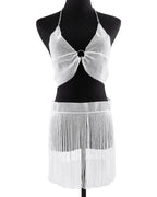 Rhinestone Fringe Lingerie Set - Sexy O-Ring Halter Crop Top & Tassel Mini Skirt