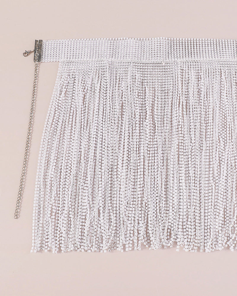Rhinestone Fringe Lingerie Set - Sexy O-Ring Halter Crop Top & Tassel Mini Skirt
