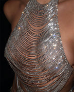 Multi-Layer Rhinestone Fringe Halter Top - Sexy Sparkly Chain