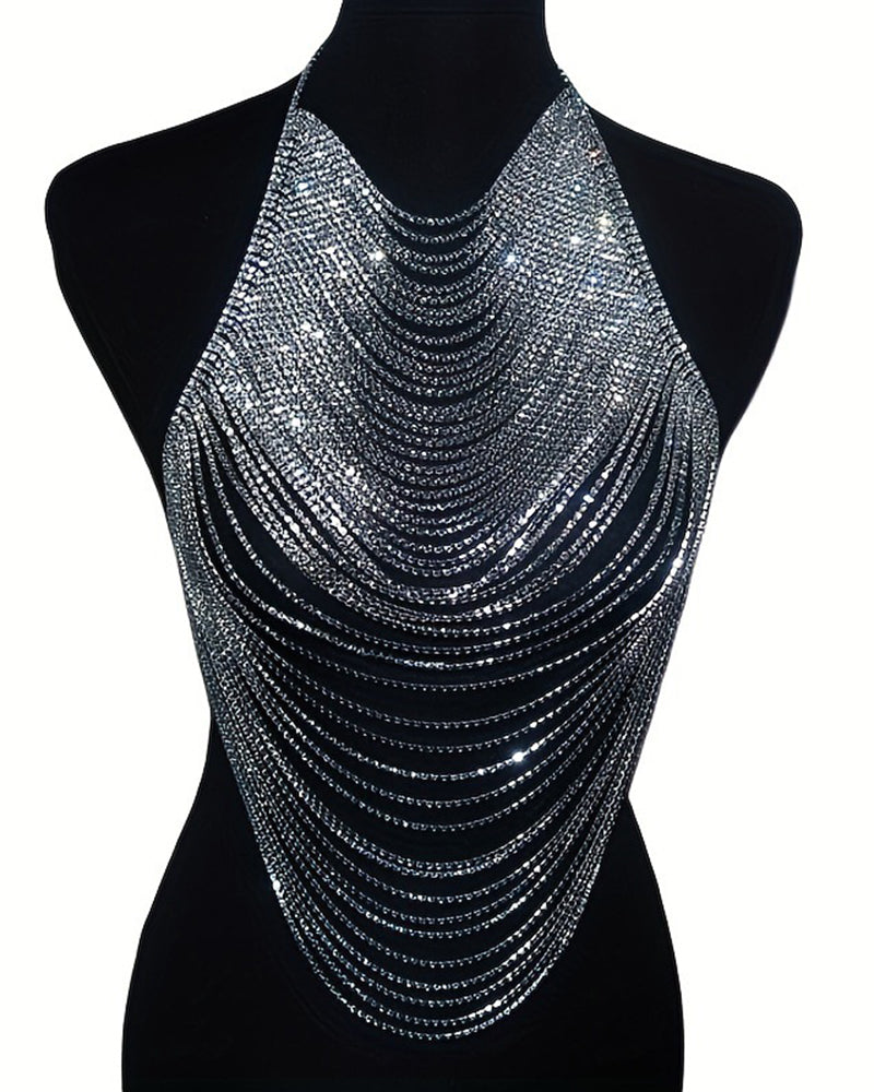 Multi-Layer Rhinestone Fringe Halter Top - Sexy Sparkly Chain