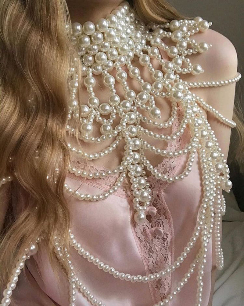 Multi-Layer Pearl Fringe Halter Top - Luxe Cascading Pearl Body Chain
