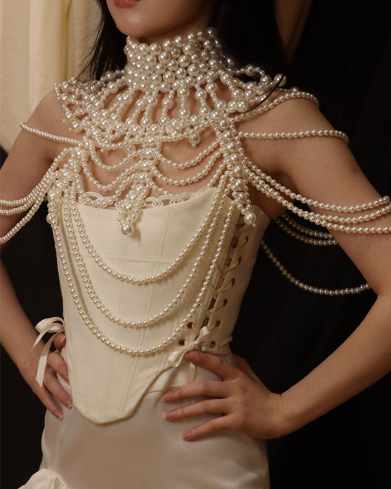 Multi-Layer Pearl Fringe Halter Top - Luxe Cascading Pearl Body Chain
