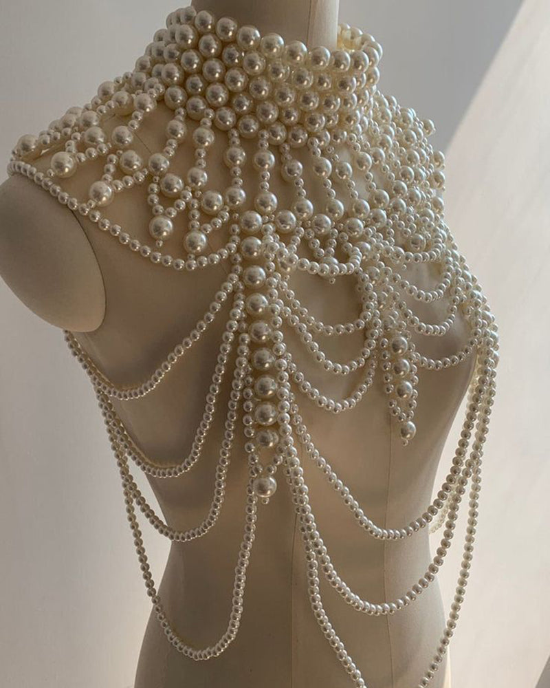 Multi-Layer Pearl Fringe Halter Top - Luxe Cascading Pearl Body Chain