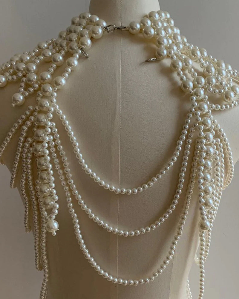 Multi-Layer Pearl Fringe Halter Top - Luxe Cascading Pearl Body Chain