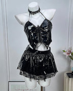 Leather Lingerie Set Halter Cutout Crop Top & Mini Skirt with Choker