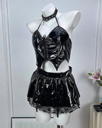 Leather Lingerie Set Halter Cutout Crop Top & Mini Skirt with Choker