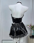 Leather Lingerie Set Halter Cutout Crop Top & Mini Skirt with Choker