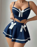 Sailor Lingerie Set - Sexy Bow Crop Top & Mini Skirt